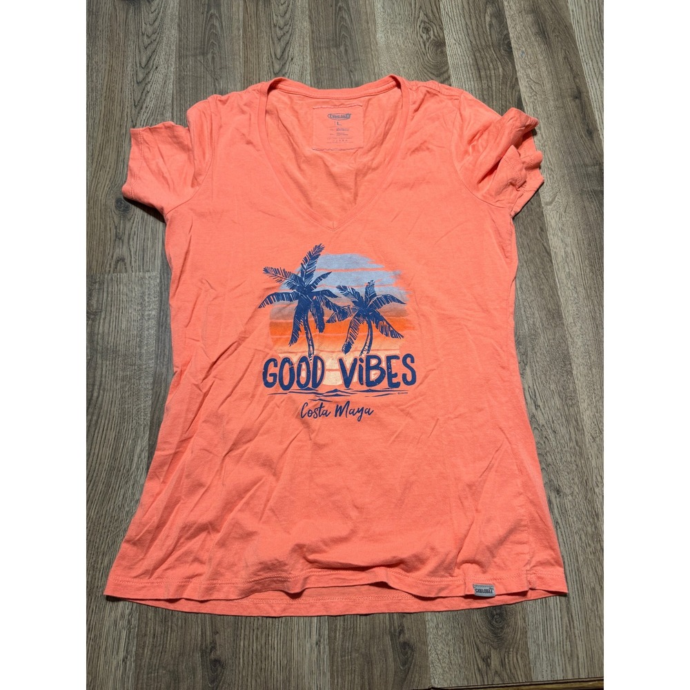 Cariloha T-Shirt Women Large Orange Costa Maya Good Vibes Bamboo Graphic Tee